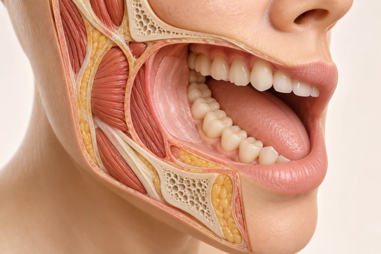 Conceptual cutaway illustration showing an integrated soft-tissue segment in the cheek lining