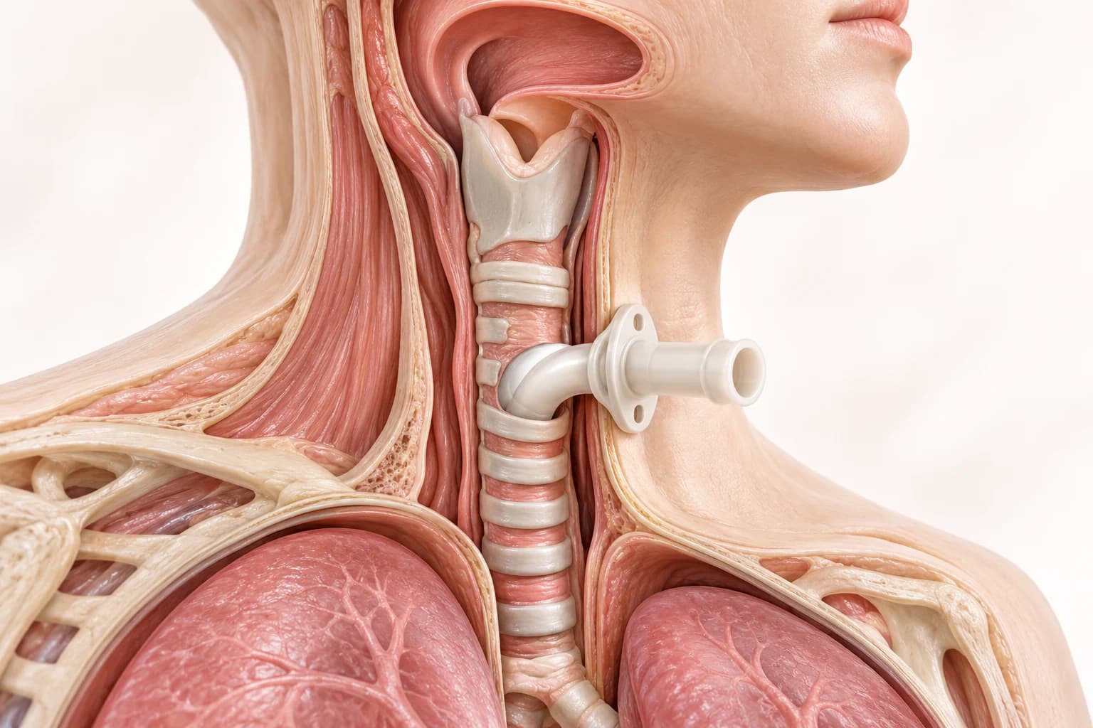 Conceptual airway model showing a tracheostomy tube positioned in the windpipe
