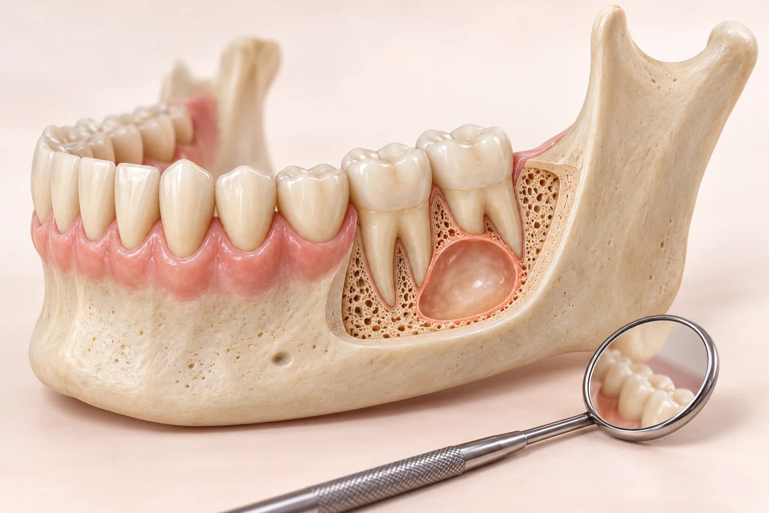 Conceptual jaw model showing a rounded cyst cavity beneath the molar roots