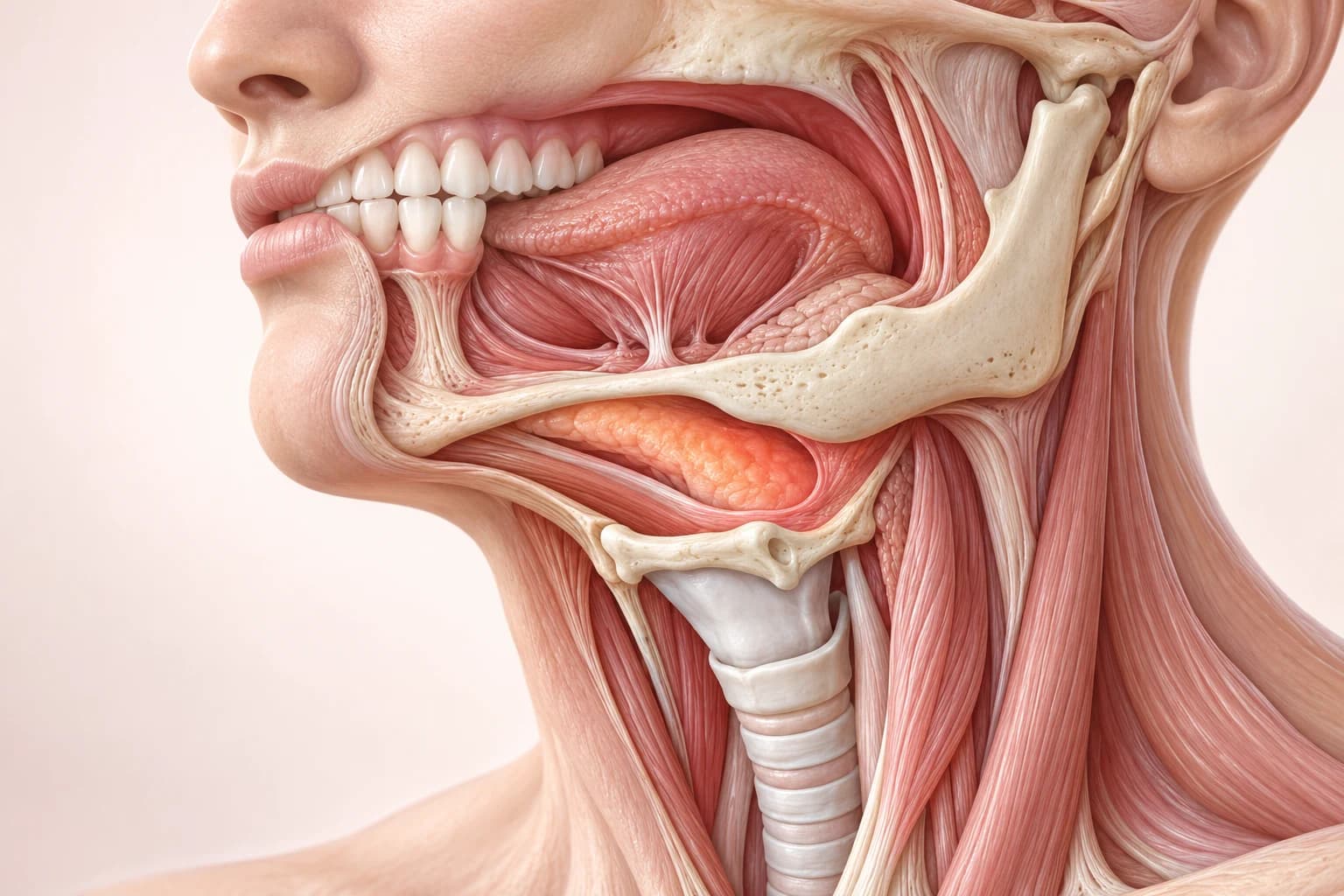 Conceptual head and neck cutaway highlighting a deep space below the jaw